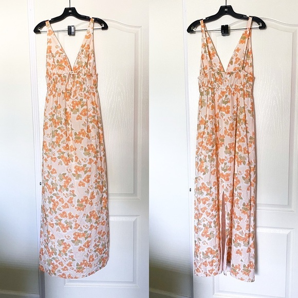 Peony Dress Vacation Cotton Floral Lightweight Summer Maxi Pastel Orange M EUC - Picture 2 of 6